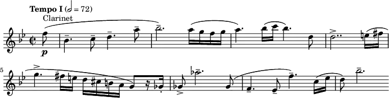    \relative c'' { \clef treble \time 2/2 \key bes \major \tempo "Tempo I" 2 = 72 \partial 8*1 f8\p(^"Clarinet" bes,4.-- c8-- d4.-- a'8-- | bes2.--) a16( g f g | a4.) bes16( c bes4.) d,8 | d2..-> e16( fis | g4.-> fis16 e d cis b a g8)[ r16 ges-.] | ges8-> aes'2.-- ges,8( | f4.-- ees8-- f'4.--) c16( ees | d8) bes'2.-- } 