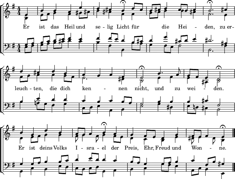 \header { tagline = " " } \layout { indent = 0 \context { \Score \remove "Bar_number_engraver" } } global = { \transposition b \key e \minor \numericTimeSignature \time 4/4 \set Score.tempoHideNote = ##t \set Timing.beamExceptions = #'() } \score { \new ChoirStaff << \new Staff << \new Voice = "soprano" { \voiceOne \relative c' { \global \partial 4 e4 | b' b a e' | d cis b\fermata d8 cis | b cis d4 cis8 b cis4 | b2.\fermata cis4 | d cis d b | a g a fis | e2\fermata b'4. a8 | g fis e4 d2\fermata | b'4 g d' b | a8 g a4 b\fermata a | g fis8 e d4 g | fis8 e fis4 e\fermata \bar "|." } } \new Voice = "alto" { \voiceTwo \relative c' { \global \partial 4 b4 | e8 fis g4 fis gis8 ais | b4 ais fis fis | g8 a b4 b ais | fis2. e4 | fis8 g a4 a g8 fis | e2. dis4 | b2 e4 fis | e ais, b2 | d4 e8 fis g4 g | fis8 g4 fis8 g4 fis8 e | d4 c b e | dis8 e4 dis8 b4 } } >> \new Lyrics \lyricsto "soprano" { Er ist das Heil und se -- lig Licht für _ _ _ die Hei -- _ _ den, zu_er -- leuch -- ten, die dich ken -- _ _ nen nicht, und zu wei -- _ _ den. Er ist deins Volks I -- _ sra -- el der Preis, Ehr, _ Freud und Won -- _ _ ne. } \new Staff << \clef bass \new Voice = "tenor" { \voiceOne \relative c' { \global \partial 4 g8 a | b c d e fis4 e | fis fis8 e d4 b8 cis | d4 g cis,8 d e4 | dis2. ais4 | b e d d | c b c b8 a | g2 b4 b | b cis fis,2 | g4 g8 a b4 b8 c | d4 e8 d d4 c | b8 a g4 g8 a b4 | c fis,8 b gis4 } } \new Voice = "bass" { \voiceTwo \relative c { \global \partial 4 e8 fis | g a b cis d4 cis | b fis b, b'8 a | g4 fis8 e fis2 | b,2. fis'4 | b a!8 g fis4 g | c,8 d e4 a, b | e2 g4 dis | e8 d! cis4 b2 | g4 c b e8 d | c b c d g,4 a | b c g'8 fis e4 | a,8 c b4 e, } } >> >> \layout { } } \score { \new ChoirStaff << \new Staff \with { midiInstrument = "choir aahs" } << \new Voice = "soprano" { \voiceOne \relative c' { \global \tempo 4=78 \partial 4 e4 | b' b a e' | d cis \tempo 4=68 b8 r8 \tempo 4=78 d cis | b cis d4 cis8 b cis4 | \tempo 4=68 b2 ~ b8 r8 \tempo 4=78 cis4 | d cis d b | a g a fis | \tempo 4=68 e4. r8 \tempo 4=78 b'4. a8 | g fis e4 \tempo 4=68 d4. r8 | \tempo 4=78 b'4 g d' b | a8 g a4 \tempo 4=68 b8 r8 \tempo 4=78 a4 | g fis8 e d4 g | \tempo 4=58 fis8 e \tempo 4=38 fis4 \tempo 4=28 e r } } \new Voice = "alto" { \voiceTwo \relative c' { \global \partial 4 b4 | e8 fis g4 fis gis8 ais | b4 ais fis8 r8 fis4 | g8 a b4 b ais | fis2 ~ fis8 r8 e4 | fis8 g a4 a g8 fis | e2. dis4 | b4. r8 e4 fis | e ais, b4. r8 | d4 e8 fis g4 g | fis8 g4 fis8 g r fis8 e | d4 c b e | dis8 e4 dis8 b4 r } } >> \new Staff \with { midiInstrument = "choir aahs" } << \clef bass \new Voice = "tenor" { \voiceOne \relative c' { \global \partial 4 g8 a | b c d e fis4 e | fis fis8 e d r b cis | d4 g cis,8 d e4 | dis2 ~ dis8 r8 ais4 | b e d d | c b c b8 a | g4. r8 b4 b | b cis fis,4. r8 | g4 g8 a b4 b8 c | d4 e8 d d r c4 | b8 a g4 g8 a b4 | c fis,8 b gis4 r } } \new Voice = "bass" { \voiceTwo \relative c { \global \partial 4 e8 fis | g a b cis d4 cis | b fis b,8 r8 b' a | g4 fis8 e fis2 | b,2 ~ b8 r8 fis'4 | b a!8 g fis4 g | c,8 d e4 a, b | e4. r8 g4 dis | e8 d! cis4 b4. r8 | g4 c b e8 d | c b c d g, r a4 | b c g'8 fis e4 | a,8 c b4 e, r } } >> >> \midi { } }