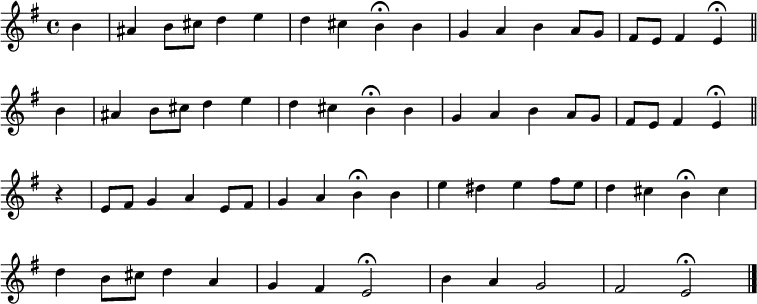 \new Staff << \time 4/4 \key e \minor \partial 4 \relative c'' { \set Staff.midiInstrument = "flute" \set Score.tempoHideNote = ##t \override Score.BarNumber #'transparent = ##t \repeat unfold 2 { b4 | ais b8 cis d4 e | d4 cis b\fermata b | g a b a8 g | fis e fis4 e\fermata \bar "||" \break } r4 | e8 fis g4 a e8 fis | g4 a b\fermata b | e dis e fis8 e | d4 cis b\fermata cis \break | d b8 cis d4 a | g fis e2\fermata | b'4 a g2 fis e\fermata \bar"|." } >> \layout { indent = #0 } \midi { \tempo 4 = 80 }