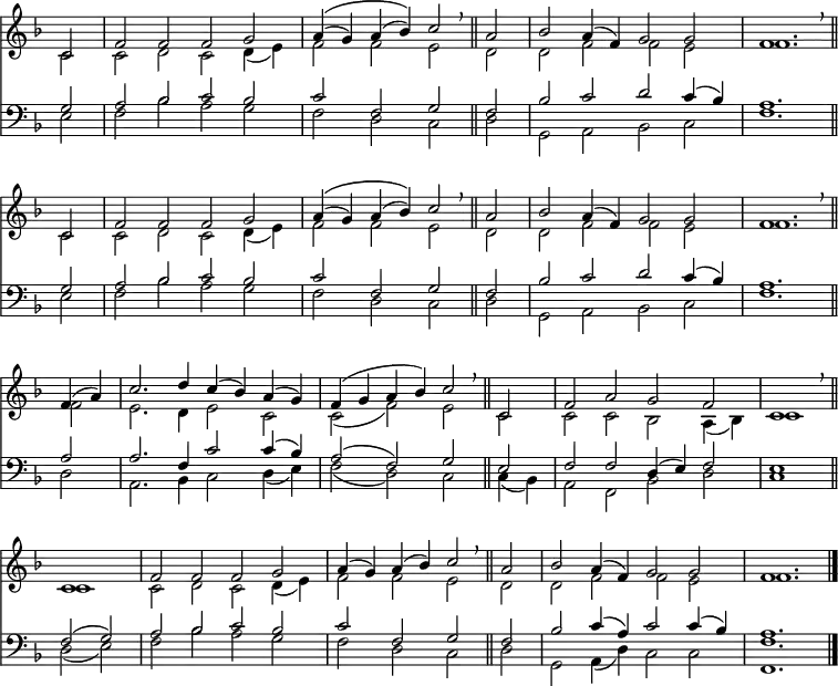 << << \new Staff { \clef treble \time 4/2 \partial 2 \key f \major \set Staff.midiInstrument = "church organ" \omit Staff.TimeSignature \set Score.tempoHideNote = ##t \override Score.BarNumber #'transparent = ##t \relative c' \repeat unfold 2 { << { c2 | f f f g | a4\(( g) a( bes)\) c2 \breathe \bar"||" a | bes a4( f) g2 g f1. \breathe \bar"||" \break } \\ { c2 | c d c d4( e) | f2 f e d | d f f e | f1. } >> } \relative c' { << { f4( a) | c2. d4 c( bes) a( g) | f( g a bes) c2 \breathe \bar"||" c, | f a g f | c1 \breathe \bar"||" \break c1 | f2 f f g | a4( g) a( bes) c2 \breathe \bar"||" a | bes a4( f) g2 g | f1. \bar"|." } \\ { f2 | e2. d4 e2 c | c( f) e c | c c bes a4( bes) | c1 c1 | c2 d c d4( e) | f2 f e d | d f f e | f1. } >> } } %%\new Lyrics \lyricsmode { put lyrics here if you insist } \new Staff { \clef bass \key f \major \set Staff.midiInstrument = "church organ" \omit Staff.TimeSignature \relative c' \repeat unfold 2 { << { g2 | a bes c bes | c f, g f | bes c d c4( bes) | a1. } \\ { e2 | f bes a g | f d c d | g, a bes c | f1. } >> } \relative c' { << { a2 | a2. f4 c'2 c4( bes) | a2( f) g e | f f d4( e) f2 | e1 f2( g) | a bes c bes | c f, g f | bes c4( a) c2 c4( bes) | a1. } \\ { d,2 | a2. bes4 c2 d4( e) | f2( d) c c4( bes) | a2 f bes d | c1 d2( e) | f bes a g | f d c d | g, a4( d) c2 c | <f f,>1. } >> } } >> >> \layout { indent = #0 } \midi { \tempo 2 = 80 }
