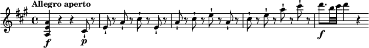 \relative c'' { \set Staff.midiInstrument = #"violin" \key a \major \tempo "Allegro aperto" <a e a,>4\f r r cis,8-!\p r | e-! r a-! r cis-! r e,-! r | a-! r cis-! r e-! r a,-! r | cis-! r e-! r a-! r cis-! r | d8.\f b32 cis d4 r }