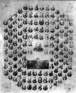 Image 2A poster showing the members of the 1890 Mississippian state constitutional convention. The members were overwhelmingly white Democrats; the only black member was a man who was allowed into the convention for his willingness to support black disenfranchisement. (from History of Mississippi)