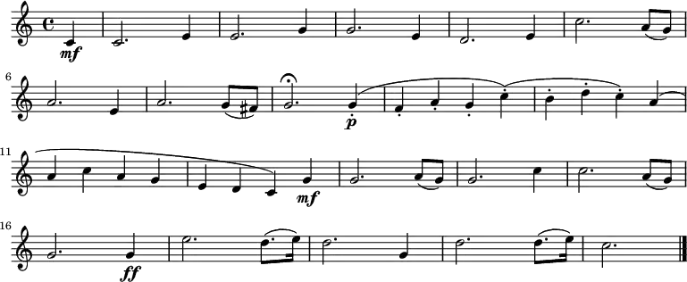\relative c' { \key c \major \time 4/4 \partial 4 c\mf c2. e4 e2. g4 g2. e4 d2. e4 c'2. a8( g) \bar "|" \break a2. e4 a2. g8( fis) g2.\fermata g4-.\p( f-. a-. g-. c-.)( b-. d-. c-.) a( \bar "|" \break a c a g e d c) g'\mf g2. a8( g) g2. c4 c2. a8( g) \bar "|" \break g2. g4\ff e'2. d8.( e16) d2. g,4 d'2. d8.( e16) c2. \bar "|."}