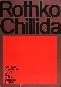 Poster image with chocolate brown background, large sans serif typography in black on top, and large red square with small black type taking up 2/3 of the poster on the bottom