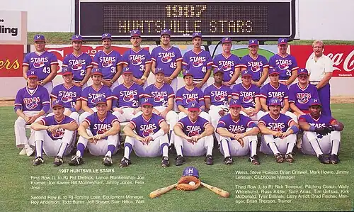 Baseball players in blue, white, and red uniforms and caps posed in three rows standing, sitting in chairs, and sitting on the ground on a baseball field