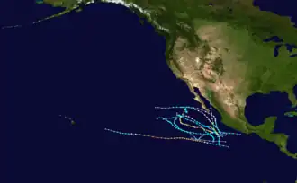 A map of the Pacific Ocean depicting the track of the 11 tropical cyclones in 1995.