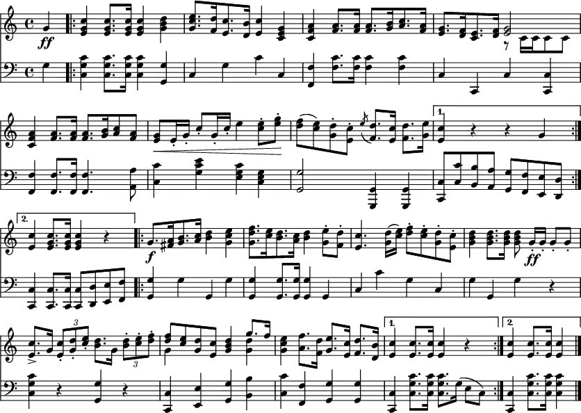  \header { tagline = ##f } \paper { paper-width = 230\mm } \layout { indent = 0 \context { \Score \remove "Bar_number_engraver" } }  global = { \key c \major \time 4/4 \partial 4 }  top = \relative c'' { \global \set midiInstrument = "brass section"   g4\ff | \repeat volta 2 { <c g e> <c g e>8. <c g e>16 <c g e>4 <d b g> |   <e c g>8. [<d f,>16 <c e,>8. <b d,>16] <c e,>4 <g e c>|   <a f c> <a f>8. <a f>16 <a f>8. [<b g>16 <c a>8. <a f>16] |   <g e>8. [<f d>16 <e c>8. <f d>16] << { <g e>2 } \\ { r8 c,16 [c c8 c] } >> |   <a' f c>4 <a f>8. <a f>16 <a f>8. [<b g>16 <c a>8 <a f>] |   <g e>\< e16-. g-. c8-. g16-. c-. e4 <e c>8-. <g e>-.\! |   <f d> (<e c>) <d g,>-. <c e,>-. \acciaccatura e8 <d f,>8. <c e,>16 <d f,>8. <e g,>16 | }   \alternative { { <c e,>4 r r g } { <c e,>4 <c g e>8. <c g e>16 <c g e>4 r } }   \repeat volta 2 { g8.\f [<a fis>16 <b g>8. <c a>16] <d b>4 <e c g> |   <f d g,>8. [<e c>16 <d b>8. <c a>16] <d b>4 <e g,>8-. <d f,>-. |   <c e,>4. <d g,>16 (<e c>) <f d>8-. <e c>-. <d g,>-. <c e,>-. |   <d b g>4 <d b g>8. <d b g>16 <d b g>8 g,16-.\ff [g-.] g8-. g-. |   <c e,>8.-> g16 \tuplet 3/2 { <c e,>8-. <d g,>-. <e c>-. } <d b>8. g,16 \tuplet 3/2 { <d' b>8-. <e c>-. <f d>-. } |   << { <f d>8 <e c> <d g,> <c e,> <d b g>4 g8. f16 } \\ { g,4 s2 <d' g,>4 } >> |   <e c g>4 <f a,>8. <d f,>16 <e g,>8. <c e,>16 <d f,>8. <b d,>16 | }   \alternative { { <c e,>4 <c e,>8. <c e,>16 <c e,>4 r } { <c e,>4 <c e,>8. <c e,>16 <c e,>4 } } \bar "|." }  bot = \relative c' { \global \set midiInstrument = "trombone"   g4 | \repeat volta 2 { <c g c,> <c g c,>8. <c g c,>16 <c g c,>4 <g g,> | c, g' c c, |   <f f,> <c' f,>8. <c f,>16 <c f,>4 <c f,> | c, c, c' <c c,> |   <f f,> <f f,>8. <f f,>16 <f f,>4. <a a,>8 |   <c c,>4 <e c g> <c g e> <g e c> | <g g,>2 <g, g,>4 <g g,> | }   \alternative { { <c c,>8 <c' c,> <b b,> <a a,> <g g,> <f f,> <e e,> <d d,> }     { <c c,>4 <c c,>8. <c c,>16 <c c,>8 <d d,> <e e,> <f f,> } }   \repeat volta 2 { <g g,>4 g g, g' | <g g,> <g g,>8. <g g,>16 <g g,>4 g, | c c' g c, |     g' g, g' r | <c g c,> r <g g,> r | <c, c,> <e e,> <g g,> <b b,> | <c c,> <f, f,> <g g,> <g g,> | }     \alternative { { <c, c,> <c' g c,>8. <c g c,>16 <c g c,>8. g16 (e8 c) }     { <c c,>4 <c' g c,>8. <c g c,>16 <c g c,>4 } } }  \score {   <<     \new Staff \top     \new Staff { \clef bass \bot }   >>   \layout { } } \score { \unfoldRepeats { << \top \\ \bot >> }   \midi { \tempo 4=120     \context { \Score midiChannelMapping = #'instrument }     \context { \Staff \remove "Staff_performer" }     \context { \Voice \consists "Staff_performer" }   } } 