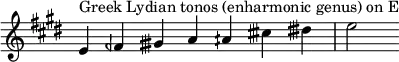  { \key e \major \override Score.TimeSignature #'stencil = ##f \relative c' {    \clef treble \time 7/4   e4^\markup { Greek Lydian tonos (enharmonic genus) on E } feh gisih a aih cisih disih e2 } } 