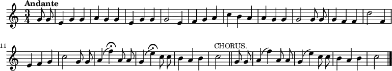 \relative c'' { \language "english" \key c \major \time 3/4 \autoBeamOff \tupletUp \tempo "Andante" \partial 4 g8 g8 | e4 g g | a4 g g | e4 g g | g2 e4 | f4 g a | c4 b a | a4 g g | g2 g8 g8 | g4 f f | d'2 f,4 | e4 f g | c2 g8 g8 | a4( f')\fermata a,8 a8 | g4( e')\fermata c8 c8 | b4 a b | c2 \bar "||" \mark \markup { \small "CHORUS." } g8 g8 | a4( f') a,8 a8 | g4( e') c8 c8 | b4 a b | c2 \bar "|." }