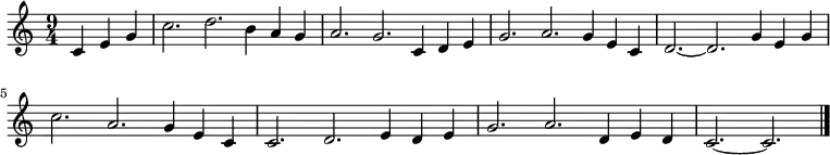 \relative c' {\set Staff.midiInstrument = #"oboe" \set Score.tempoHideNote = ##t \tempo 4 = 150 \key c \major \time 9/4 \partial 4*3 c4 e g c2. d b4 a g a2. g c,4 d e g2. a g4 e c d2. ~ d g4 e g c2. a g4 e c c2. d e4 d e g2. a d,4 e d c2. ~ c \bar "|." }