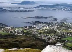 View of Langevåg (looking towards the town of Ålesund, administrative center of the neighboring Ålesund Municipality)
