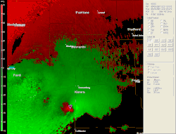 Another radar image sequence, this one red and green, of the tornado at EF5 intensity, marked as a purple and later red triangle, tracking towards Greensburg before lifting.