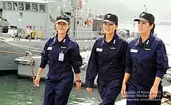 Three ROKN lieutenants wearing servicec uniforms with cloth name tag showing full name in Korean and last name in English