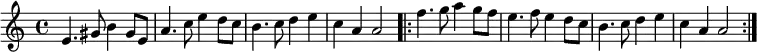 \relative a' { \time 4/4 e4. gis8 b4 gis8 e8 a4. c8 e4 d8 c8 b4. c8 d4 e4 c4 a4 a2 \repeat volta 2 { f'4. g8 a4 g8 f8 e4. f8 e4 d8 c8 b4. c8 d4 e4 c4 a4 a2 } }