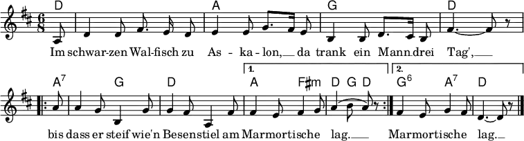  % Sources: https://www.lieder-archiv.de/im_schwarzen_walfisch_zu_askalon-notenblatt_600700.html % and https://www.deutschland-lese.de/streifzuege/lieder/studentenlieder/im-schwarzen-walfisch-zu-askalon/  \header { tagline = ##f } \layout { indent = 0 \set Score.tempoHideNote = ##t   \context { \Score \remove "Bar_number_engraver" } }  global = {   \key d \major   \time 6/8   \partial 8 }  chordNames = \chordmode { \global \set midiInstrument = "acoustic guitar (nylon)" \set chordChanges = ##t   d,8 | d,2. | a,2. | g,2. | d,2 s8   \repeat volta 2 { a,8:7 | a,4.:7 g,4. | d,2. | }   \alternative {     { a,4. fis,4.:m | d,4 g,8 d,8 s8 }     { g,4.:6 a,4.:7 | d,2 s8 \bar "|." }   } }  sopranoVoice = \relative c'' { \global \set midiInstrument = "brass section" \autoBeamOff   \tempo 4=15 a,8 \tempo 4=100| d4 d8 fis8. e16 d8 | e4 e8 g8. [fis16] e8 |   b4 b8 d8. [cis16] b8 | fis'4. ~fis8 r8 \break   \repeat volta 2 { a8 | a4 g8 b,4 g'8 | g4 fis8 a,4 fis'8 | }   \alternative {     { fis4 e8 fis4 g8 | a4 (b8 a8) r8 }     { fis4 e8 g4 fis8 | d4. ~d8 r8 \bar "|." }   } }  verse = \lyricmode {   Im schwar -- zen Wal -- fisch zu As -- ka -- lon, __ da   trank ein Mann __ drei Tag', __   \repeat volta 2 { bis dass er steif wie'n Be -- sen -- stiel am }   \alternative {     { Mar -- mor -- tisch -- e lag. __ }     { Mar -- mor -- tisch -- e lag. __ }   } }  \score {   <<     \new ChordNames \chordNames     \new Staff \sopranoVoice \addlyrics \verse   >>   \layout { } } \score { \unfoldRepeats { << \chordNames \\ \sopranoVoice >> }          \midi { \tempo 4=100            \context { \Score midiChannelMapping = #'instrument }            \context { \Staff \remove "Staff_performer" }            \context { \Voice \consists "Staff_performer" }          } } 
