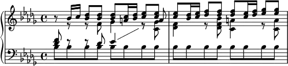 \new PianoStaff <<     \new Staff = "up" \with {       \consists "Merge_rests_engraver"     }     <<       \set Score.tempoHideNote = ##t       \tempo 8 = 80       \clef treble \key bes \minor \time 4/4       \new Voice \relative c'' {         \voiceOne         r8 bes16 c16 <bes des>8 8 8 <a c>16 <bes des>16 <c ees>8 8         8 <bes des>16 <c ees>16 <des f>8 8 8 <c ees>16 <des f>16 <ees ges>8 8       }       \new Voice \relative c' {         \voiceTwo         r8 e8\rest e8\rest f8 ges4 e8\rest \stemUp a8       }     >>     \new Staff = "down" <<       \clef bass \key bes \minor \time 4/4       \new Voice \relative c' {         \voiceThree \showStaffSwitch         <des f>8 e8\rest e8\rest des8 ees4 \change Staff = "up" \stemDown e8\rest <c ges'>8         <des f>4 e8\rest <des f bes>8 <c a'>4 e8\rest <c a'>8       }       \new Voice \relative c' {         \voiceFour         bes8 8 8 8 8 8 8 8         8 8 8 8 8 8 8 8       }     >>   >>