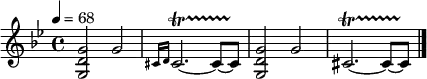 \relative c' { \time 4/4 \tempo 4=68 \clef treble \key bes \major <g d' g>2 g'2 | \grace {cis,16 d} cis2.~\startTrillSpan cis8~ cis\stopTrillSpan | <g d' g>2 g'2 | cis,2.~\startTrillSpan cis8~ cis\stopTrillSpan \bar "|." }