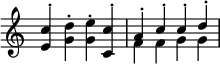 { \override Score.TimeSignature #'stencil = ##f << \clef treble \relative c' { \stemNeutral <e c'>-. <g d'>-. <g e'>-. <c, c'>-. \stemUp a'-. c-. c-. d-. } \\ { s1 f'4 f' g' g' } >> }