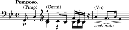  \relative c' { \key bes \major \time 4/4 \tempo "Pomposo." \partial 8  \clef bass f,,8\p ^\markup { (Timp) } bes4-.   \clef treble << { d'-^ ^\markup { (Corni) } c8-- bes-- f'16-.[ d-. bes-.] } \\ { bes4 r bes16[ bes bes] } >> r   g'4 ^\markup { (Vn) } _\markup \italic sostenuto \< f8.\> g16 es4\! } 