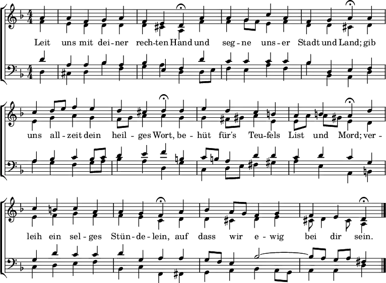 \header { tagline = " " } \layout { indent = 0 \context { \Score \remove "Bar_number_engraver" } } global = { \key d \minor \numericTimeSignature \time 4/4 \set Score.tempoHideNote = ##t \set Timing.beamExceptions = #'()} soprano = \relative c'' { \global \partial 4 a4 | a f g a | f e d\fermata a' | a g c a | f g a\fermata a | c d8 e f4 e | d cis d\fermata d | e d c b | a b a\fermata d | c b c a | a g f\fermata a | bes a8 g f4 g | f e d\fermata \bar "|." } alto = \relative c' { \global \partial 4 f4 | e d d d | d cis a f' | f g8 f e4 f | d d cis d | e g a g | f8 g a4 a g | g fis8 gis a4 e | e8 a a gis e4 d | e f g f | f e c d | d cis d e | cis8 d4 cis8 a4 } tenor = \relative c' { \global \partial 4 d4 | a a bes a | bes e, f d' | c c c c | bes d, e f | a bes c bes8 c | d4 e f b, | c8 b a4 d d | c d c g | g d' c c | d g, a a | g8 f e4 bes'2 ~ | bes8 a g a fis4 } bass = \relative c { \global \partial 4 d4 | cis d bes' f | g a d, d8 e | f4 e a f | bes bes, a d | a' g f g8 a | bes4 a d, g | c, d8 e fis4 gis | a e a, b | c d e f | bes, c f, fis | g a bes a8 g | a4 a d } \score { \new ChoirStaff << \new Staff \with { midiInstrument = "choir aahs" } << \new Voice = "soprano" { \voiceOne \soprano } \new Voice = "alto" { \voiceTwo \alto } >> \new Lyrics \lyricsto "soprano" { Leit uns mit dei -- ner rech -- ten Hand und seg -- ne uns -- er Stadt und Land; gib uns all -- _ zeit dein heil -- ges Wort, be -- hüt für's Teu -- fels List und Mord; ver -- leih ein sel -- ges Stün -- de -- lein, auf dass wir _ e -- wig bei dir sein. } \new Staff \with { midiInstrument = "choir aahs" } << \clef bass \new Voice = "tenor" { \voiceOne \tenor } \new Voice = "bass" { \voiceTwo \bass } >> >> \layout { } \midi { \tempo 4=70 } }