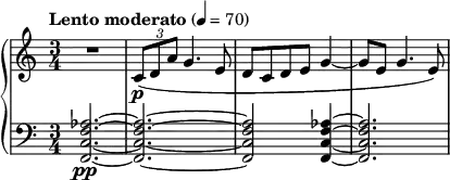 { \new PianoStaff << \new Staff \relative c' { \clef treble \time 3/4 \tempo "Lento moderato" 4 = 70 R2. \times 2/3 {c8\p( d a' } g4. e8 | d c d e g4~ | g8 e g4. e8) } \new Staff \relative c' { \clef bass \time 3/4 <aes f c f,>2.~\pp <aes f c f,>2.~ | <aes f c f,>2 <aes f c f,>4~ | <aes f c f,>2. } >> }