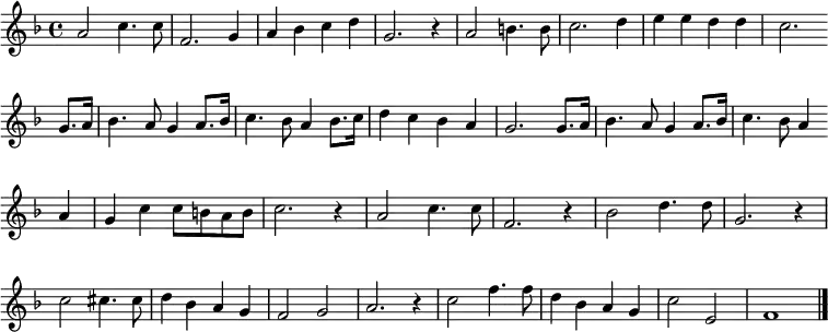 { \clef treble \key f \major \tempo 4=100 \set Staff.midiInstrument = "clarinet" { \set Score.tempoHideNote = ##t \override Score.BarNumber #'transparent = ##t \time 4/4 \transpose c c' \relative { a2 c4. c8 | f,2. g4 | a bes c d | g,2. r4 | a2 b4. b8 | c2. d4 | e e d d | c2. \bar"" \break g8. a16 | bes4. a8 g4 a8. bes16 | c4. bes8 a4 bes8. c16 | d4 c bes a | g2. g8. a16 | bes4. a8 g4 a8. bes16 | c4. bes8 a4 \bar"" \break a | g c c8 b a b | c2. r4 | a2 c4. c8 | f,2. r4 | bes2 d4. d8 | g,2. r4 | \break c2 cis4. cis8 | d4 bes a g | f2 g | a2. r4 | c2 f4. f8 | d4 bes a g | c2 e, | f1 \bar "|."} } }