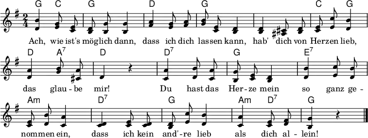 \layout { \context { \Score \remove "Bar_number_engraver" } } << \new ChordNames { \set Staff.midiInstrument = #"acoustic guitar (nylon)" \chordmode { g,4 c, g,2 d, g, s c,4 g, d, a,:7 d,2 d,:7 g, e,:7 a,:m d,:7 g, a,4:m d,:7 g,2} } \relative g' {\set Staff.midiInstrument = #"clarinet" \autoBeamOff \key g \major \time 2/4 \set Score.tempoHideNote = ##t \tempo 4=55 <b d,>4 <g e>8 <e c>8 | <d b>8 <g b,>8 <g b,>4 | <a fis>4 <g e>8 <a fis>8 | <b g>8 <e, c>8 <d b>4 | <d b>4 <cis ais>8 <d b>8 | <e c>8 <c' e,>8 <b d,>4 | <a d,>4 <b g>8 <a cis,>8 | d,4 r | <a' c,>4 <b d,>8 <a c,>8 | <g b,>8 <e c>8 <d b>4 | <b' d,>4 <c e,>8 <b d,>8 | <e, c>8 <b' d,>8 <a c,>4 | <d, c>4 <e c>8 <d c>8 | <d b>8 <c' e,>8 <b d,>4 |   \tempo 4=50 <a c,>4 <e c>8 <fis d>8 | <g b,>4 r \bar "|." } \addlyrics { Ach, wie ist's mög -- lich dann, dass ich dich las -- sen kann, hab' dich von Her -- zen lieb, das glau -- be mir! Du hast das Her -- ze mein so ganz ge -- nom -- men ein, dass ich kein and' -- re lieb als dich al -- lein!  } >> \midi { \context { \ChordNames midiMinimumVolume = #0.3 midiMaximumVolume = #0.3 } }
