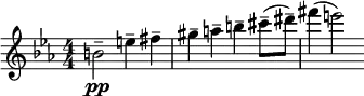 \relative c'' { \clef treble \numericTimeSignature \time 4/4 \key c \minor b2--\pp e4-- fis-- | gis-- a-- b-- cis8--( dis--) | fis4( e2) }