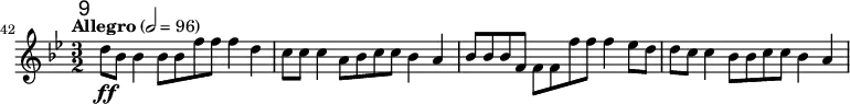 \relative c'' \new Staff { \key bes \major \clef "treble" \set Staff.midiInstrument = "oboe" \tempo "Allegro" 2 = 96 \set Score.currentBarNumber = #42 \bar "" \override Score.RehearsalMark #'self-alignment-X = #1 \mark \markup \sans 9 \time 3/2 d8\ff bes bes4 bes8 bes f' f f4 d | c8 c c4 a8 bes c c bes4 a | bes8 bes bes f f f f' f f4 es8 d | d c c4 bes8 bes c c bes4 a | }