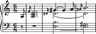 { \new PianoStaff << \new Staff << \new Voice \relative c { \clef treble \key a \minor \time 6/8 \partial8 s8 s2. \stemUp \slashedGrace { dis'8 } gis4.^~ gis4 \parenthesize a8 \slashedGrace { ais8 } \stemUp b2. } \new Voice \relative c' { \partial8 a8 \slashedGrace { f'8 } \parenthesize <a, c e>2. \stemDown dis2._( d) } >> \new Staff << \relative c { \clef bass \key a \minor \time 6/8 \partial8 r8 R2. <e~ b'>2. <e gis>2. } >> >> }