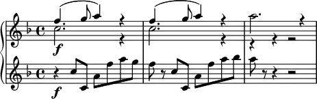  {   \new PianoStaff <<     \new Staff \relative e'' {       \set Staff.midiInstrument = #"flute" \key f \major \clef treble \time 4/4 \set Score.tempoHideNote = ##t \tempo 4 = 120       <<         {           \voiceOne \stemDown c2. \f r4 | % 2           c2. r4 | % 3           a'2. r4         }         \new Voice {           \voiceTwo \stemUp f4. ^( g8 a4 ) r4 | % 2           f4. ^( g8 a4 ) r4 | % 3           r4 r4 r2         }       >> \oneVoice     }     \new Staff \relative c'' {       \set Staff.midiInstrument = #"string ensemble 1" \key f \major \clef treble \time 4/4       r4 \f c8 c,8 a'8 f'8 a8 g8 | % 2       f8 r8 c8 c,8 a'8 f'8 a8 bes8 | % 3       a8 r8 r4 r2     }   >> } 