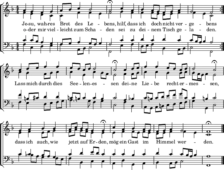 \header { tagline = " " } \layout { indent = 0 \context { \Score \remove "Bar_number_engraver" } } global = { \transposition b \key f \major \numericTimeSignature \time 4/4 \set Score.tempoHideNote = ##t \set Timing.beamExceptions = #'() } \score { \new ChoirStaff << \new Staff << \new Voice = "soprano" { \voiceOne \relative c'' { \global \repeat volta 2 { a4 g f g | a8 bes c4 bes2 | a\fermata c4 a | bes a8 g f g a4 | g2 f2 } | c'4 d8 e f4 f | e8 d c d d2 | c2\fermata c4 d8 e | f4 f e8 d c d | d2 c2\fermata | g4 a bes bes | a8 c bes a g4 g\fermata | c a bes a8 g | f8 g a4 g2 | f1\fermata \bar "|." } } \new Voice = "alto" { \voiceTwo \relative c' { \global f4 e d c | c f f e | f2 g4 f | f f8 e d e f4 | f e c2 | a'4 g f8 g a4 | a e a g8 f | e2 f4 f8 g | a4 a g g8 a | g8 f16 e f4 e2 | e4 f e8 f g4 | f8 a g f e4 e | e f f8 e f e | d e f4 f e | c1 } } >> \new Lyrics \lyricsto "soprano" { << { Je -- su, wah -- res Brot _ des Le -- bens, hilf, dass ich doch _ nicht _ ver -- ge -- bens } \new Lyrics { \set associatedVoice = "soprano" { o -- der mir viel -- leicht _ zum Scha -- den sei zu dei -- nem _ Tisch _ ge -- la -- den. } } >> Lass mich _ durch dies See -- _ len -- _ es -- sen dei -- ne _ Lie -- be recht _ er -- _ mes -- sen, dass ich auch, wie jetzt _ auf _ Er -- den, mög ein Gast im _ Him -- _ mel wer -- den. } \new Staff << \clef bass \new Voice = "tenor" { \voiceOne \relative c' { \global c4 c8 bes a4 g | f8 g a4 g8 f g4 | f2 c'4 c | d c d c | c8 bes16 a bes4 a2 | f'4 b,8 cis d4 d | c!8 b c4 c b | c2 a4 bes! | c8 b c d e f g c, | c4 b c2 | c4 c bes8 a g4 | c d e8 d c4 | c c bes c | d c c8 bes16 a bes4 | a1 } } \new Voice = "bass" { \voiceTwo \relative c { \global f4 c d e | f a,8 bes c2 | f, e'4 f | d8 e f4 bes, a8 bes | c2 f, | f'4 e d8 e f g | a4. g8 f4 g | c,2 f4 bes, | a8 g a b c d e f | g4 g, c2 | c'4 bes!8 a g4 f8 e | f4 bes, c c | a d g, a | bes a8 bes c2 | f,1 } } >> >> \layout { } } \score { \new ChoirStaff << \new Staff \with { midiInstrument = "choir aahs" } << \new Voice = "soprano" { \voiceOne \relative c'' { \global \tempo 4=84 a4 g8 r8 f4 g | \tempo4=90 a8 bes c4 bes2 | \tempo 4=64 a4. r8 \tempo 4=90 c4 a | bes a8 g f g a4 | g2 \tempo 4=64 f4. r8 | \tempo 4=90 a4 g f g | a8 bes c4 bes2 | \tempo 4=64 a4. r8 \tempo 4=90 c4 a | bes a8 g f g a4 | g2 \tempo 4=56 f4. r8 | \tempo 4=90 c'4 d8 e f4 f | e8 d c d d2 | \tempo 4=70 c4. r8 \tempo 4=90 c4 d8 e | f4 f e8 d c d | d2 \tempo 4=56 c4. r8 | \tempo 4=90 g4 a bes8 \tempo 4=84 r8 \tempo 4=90 bes4 | a8 c bes a g4 \tempo 4=40 g8 r | \tempo 4=84 c4 a bes a8 g | f8 g a4 \tempo 4=60 g2 | \tempo 4=72 f1 | r4 } } \new Voice = "alto" { \voiceTwo \relative c' { \global f4 e8 r8 d4 c | c f f e | f4. r8 g4 f | f f8 e d e f4 | f e c4. r8 | f4 e d c | c f f e | f4. r8 g4 f | f f8 e d e f4 | f e c4. r8 | a'4 g f8 g a4 | a e a g8 f | e4. r8 f4 f8 g | a4 a g g8 a | g8 f16 e f4 e4. r8 | e4 f e8 f16 r16 g4 | f8 a g f e4 e8 r | e4 f f8 e f e | d e f4 f \tempo 4=40 e | c1 | r4 } } >> \new Staff \with { midiInstrument = "choir aahs" } << \clef bass \new Voice = "tenor" { \voiceOne \relative c' { \global c4 c8 bes16 r16 a4 g | f8 g a4 g8 f g4 | f4. r8 c'4 c | d c d c | c8 bes16 a bes4 a4. r8 | c4 c8 bes a4 g | f8 g a4 g8 f g4 | f4. r8 c'4 c | d c d c | c8 bes16 a bes4 a4. r8 | f'4 b,8 cis d4 d | c!8 b c4 c b | c4. r8 a4 bes! | c8 b c d e f g c, | c4 b c4. r8 | c4 c bes8 a16 r16 g4 | c d e8 d c8 r | c4 c bes c | d c c8 bes16 a bes4 | a1 | r4 } } \new Voice = "bass" { \voiceTwo \relative c { \global f4 c8 r8 d4 e | f a,8 bes c2 | f,4. r8 e'4 f | d8 e f4 bes, a8 bes | c2 f,4. r8 | f'4 c d e | f a,8 bes c2 | f,4. r8 e'4 f | d8 e f4 bes, a8 bes | c2 f,4. r8 | f'4 e d8 e f g | a4. g8 f4 g | c,4. r8 f4 bes, | a8 g a b c d e f | g4 g, c4. r8 | c'4 bes!8 a g8 r f e | f4 bes, c c8 r | a4 d g, a | bes a8 bes c2 | f,1 | r4 } } >> >> \midi { } }