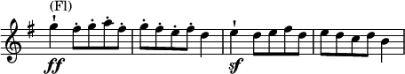 \relative c' \new Staff \with { \remove "Time_signature_engraver" } { \key g \major \time 3/4 g''4-!\ff ^\markup (Fl) fis8-. g-. a-. fis-. g-. fis-. e-. fis-. d4 e-!\sf d8 e fis d e d c d b4 }