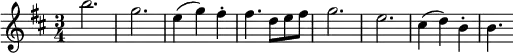 \relative c''' { \key b \minor \time 3/4 \clef treble \tempo 2. = 64 \set Score.tempoHideNote = ##t \set Staff.midiInstrument = "violin" \set Score.currentBarNumber = #1 \bar "" b2. g e4( g) fis-. fis4. d8 e fis g2. e cis4( d) b-. b4. }