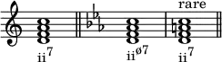  { \override Score.TimeSignature #'stencil = ##f \relative c' {    \clef treble    \time 4/4    \key c \major    <d f a c>1_\markup { \concat { "ii" \raise #1 \small "7" } } \bar "||"     \clef treble    \time 4/4    \key c \minor    <d f aes c>1_\markup { \concat { "ii" \raise #1 \small "ø7" } }    <d f a c>^\markup { "rare" }_\markup { \concat { "ii" \raise #1 \small "7" } } \bar "||" } } 