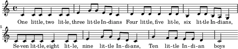 \relative c' { \set Score.tempoHideNote = ##t \tempo 4 = 120 \key c \major \time 4/4 c4 c8 c8 c4 c8 c8 | e4 g8 g8 e8 d8 c4 | d4 d8 d8 d4 d8 d8 | b4 d8 d8 b8 a8 g4 | c8 c8 c8 c8 c4 c8 c8 | e4 g8 g8 e8 d8 c4 | g'4 f8 f8 e8 e8 d4 c2| } \addlyrics { One lit -- tle, two lit -- le, three lit -- tle In -- di -- ans Four lit -- tle, five lit -- le, six lit -- tle In -- di -- ans, Se -- ven lit -- tle, eight lit -- le, nine lit -- tle In -- di -- ans, Ten lit -- tle In -- di -- an boys }