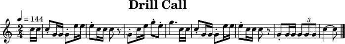  \header {   title   = "Drill Call"   tagline = ##f } \paper {   #(layout-set-staff-size 18) } \score {   \relative c'' {     \tempo   4=144     \key     c \major     \time    2/4     \set     Staff.midiInstrument = #"french horn"      \partial 8     c16 c16     c8-. g16 g16 g8-. e'16 e16     e8-. c16 c16 c8   r8     g8-. c16 e16 g8-. e8-.     g4.               c,16 c16     c8-. g16 g16 g8-. e'16 e16     e8-. c16 c16 c8   r8     g8-. g16 g16 \times 2/3 { g8 g8 g8 }     c4 ~ c8     \bar "|."   }   \layout { }   \midi   { } } 