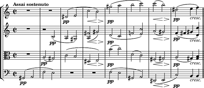 { << \new StaffGroup << \new Staff << \tempo "Assai sostenuto" \relative c' { \clef treble \key a \minor \time 2/2 R1 R dis2(\pp e c'\< b\>) gis'(\pp a b c) c\<( b\>) dis,(\pp e4_\markup { \italic cresc. } f) \bar "||" } >> \new Staff << \clef treble \key a \minor \time 2/2 \new Voice \relative c' { R1 r2 b(\pp a gis) <a fis'>\<( gis'\>) d(\pp c f! <e c'>) a\<( gis\>) f4(\pp fis gis_\markup { \italic cresc. } <d d'>) } >> \new Staff << \clef alto \key a \minor \time 2/2 \new Voice \relative c' { R1 a2(\pp gis) c( b dis,\< e)\> b''(\pp c) d,( c) fis,(\< gis)\> a(\pp gis4)_\markup { \italic cresc. } <gis b> } >> \new Staff << \clef bass \key a \minor \time 2/2 \new Voice \relative c { gis2\pp( a f' e) R1 R1 f2(\pp e gis, a) dis,\<( e\> c')\pp b4_\markup { \italic cresc. } b } >> >> >> }