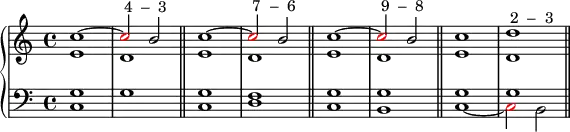 \new PianoStaff << \new Staff << \new Voice \relative c'' { \stemUp \clef treble \key c \major \time 4/4 c1^~ \once \override NoteHead.color = #red c2^\markup { " 4 – 3" } b2 c1^~ \once \override NoteHead.color = #red c2^\markup { " 7 – 6" } b2 c1^~ \once \override NoteHead.color = #red c2^\markup { " 9 – 8" } b2 c1 d^\markup { " 2 – 3" } } \new Voice \relative c' { \stemDown e1 d e d e d e d } >> \new Staff << \new Voice \relative c' { \clef bass \key c \major \time 4/4 \stemUp g1 s g f g g g g } \new Voice \relative c { \clef bass \key c \major \time 4/4 \stemDown c1 g' \bar "||" c, d \bar "||" c b \bar "||" c_~ \once \override NoteHead.color = #red c2 b \bar "||" } >> >>
