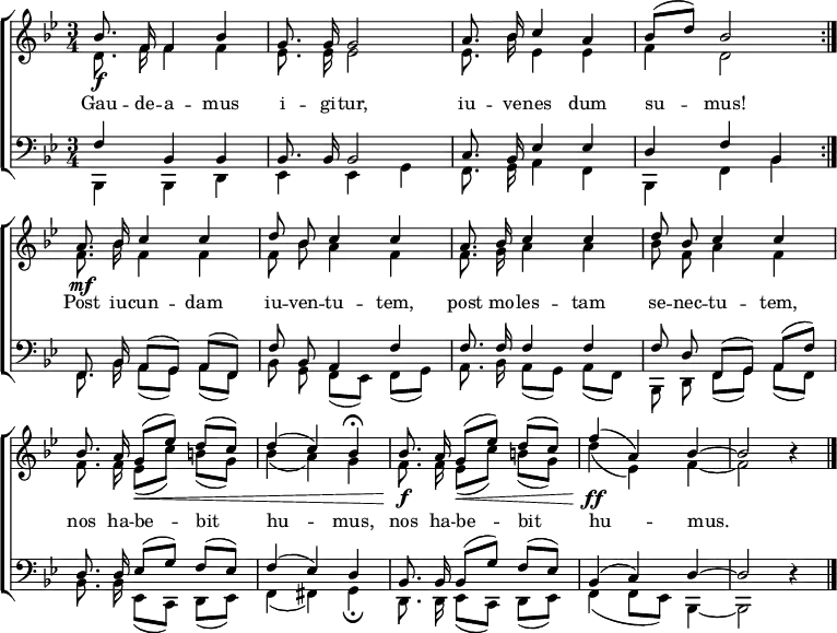  \header { tagline = ##f } \layout { indent = 0 \set Score.tempoHideNote = ##t   \context { \Score \remove "Bar_number_engraver" } }  global = { \key bes \major \time 3/4 \autoBeamOff }  soprano = \relative c'' { \global \set midiInstrument = "trumpet"   \repeat volta 2 { bes8.\f f16 f4 bes | g8. g16 g2 | a8. bes16 c4 a | bes8 ([d]) bes2 | }   a8.\mf bes16 c4 c | d8 bes c4 c | a8. bes16 c4 c | d8 bes c4 c |   bes8. a16 g8\< ([es']) d ([c]) | \tempo 4 = 81 d4 (c) \tempo 4 = 45 bes\fermata | \tempo 4 = 90   bes8.\f a16 g8\< ([es']) d ([c]) | \tempo 4 = 60 f4\ff (a,) bes~ | bes2 r4 \bar "|." }  alto = \relative c' { \global \set midiInstrument = "trumpet"   \repeat volta 2 { d8. f16 f4 f | es8. es16 es2 | es8. bes'16 es,4 es | f d2 | }   f8. bes16 f4 f | f8 bes a4 f | f8. g16 a4 a | bes8 f a4 f |   f8. f16 es8 ([c']) b ([g]) | bes4 (a) g | f8. f16 es8 ([c']) b ([g]) | d'4 (es,) f~ | f2 r4 \bar "|." }  tenor = \relative c { \global \set midiInstrument = "baritone sax"   \repeat volta 2 { f4 bes, bes | bes8. bes16 bes2 | c8. bes16 es4 es | d f bes, | }   f8. bes16 a8 ([g]) a ([f]) | f' bes, a4 f' | f8. f16 f4 f | f8 d f, ([g]) a ([f']) |   d8. d16 es8 ([g]) f ([es]) | f4 (es) d | bes8. bes16 bes8 ([g']) f ([es]) | bes4 (c) d~ | d2 r4 \bar "|." }  bass = \relative c, { \global \set midiInstrument = "tuba"   \repeat volta 2 { bes4 bes d | es es g | f8. g16 a4 f | bes, f' bes | }   f8. bes16 a8 ([g]) a ([f]) | bes g f ([es]) f ([g]) | a8. bes16 a8 ([g]) a ([f]) | bes, d f ([g]) a ([f]) |   bes8. bes16 es,8 ([c]) d ([es]) | f4 (fis) g\fermata | d8. d16 es8 ([c]) d ([es]) | f4 (f8 [es]) bes4~ | bes2 r4 \bar "|." }  verse = \lyricmode {   \repeat volta 2 { Gau -- de -- a -- mus i -- gi -- tur,   iu -- ve -- nes dum su -- mus! }   Post iu -- cun -- dam iu -- ven -- tu -- tem,   post mo -- les -- tam se -- nec -- tu -- tem,   nos ha -- be -- bit hu -- mus,   nos ha -- be -- bit hu -- mus. }  \score {   \new ChoirStaff <<     \new Staff \with { \consists "Merge_rests_engraver" }     <<       \new Voice = "soprano" { \voiceOne \soprano }       \new Voice = "alto" { \voiceTwo \alto }     >>     \new Lyrics \lyricsto "soprano" \verse     \new Staff \with { \consists "Merge_rests_engraver" }     <<       \clef bass       \new Voice = "tenor" { \voiceOne \tenor }       \new Voice = "bass" { \voiceTwo \bass }     >>   >>   \layout { } } \score { \unfoldRepeats { << \soprano \\ \alto \\ \tenor \\ \bass >> }   \midi { \tempo 4=102     \context { \Score midiChannelMapping = #'instrument }     \context { \Staff \remove "Staff_performer" }     \context { \Voice \consists "Staff_performer" }  } } 