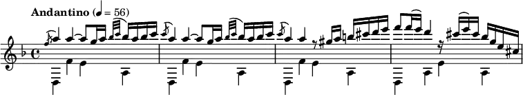 \relative c' \new Staff { \key d \minor \clef treble \tempo "Andantino" 4 = 56 \set Staff.midiInstrument = "guitar" \time 4/4 << \new Voice = "melody" {\voiceOne \acciaccatura f'8\glissando a4 a ~ a8 g16 a \grace {(bes32 c} bes16) a bes c \acciaccatura c8 a4 a ~ a8 g16 a \grace {(bes32 c} bes16) a bes c \acciaccatura c8 a4 a r8 gis16 a b cis d e f8 f16 (e) d4 r16 cis (e) cis bes g e cis} \new Voice = "bass" {\voiceTwo d,,4 f' e a, d,4 f' e a, d,4 f' e a, d,4 a' e' a,} >> }