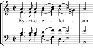 << \new StaffGroup << \new Staff { \clef treble \time 2/2 \key a \minor \set Staff.midiInstrument = "trombone" \relative c' << { a'4. a8 a4 b (c) d (b2) a } \\ { e4. e8 e4 g (a) a2 ( gis4 ) a2 } >> } \addlyrics { Ky -- ri -- e e -- _ lei -- _ _ son } \new Staff { \clef bass \key a \minor \set Staff.midiInstrument = "trombone" \relative c' << { c4. c8 c4 d (f) f (e2) e } \\ { a,4. a8 a4 g (f) d (e2) a, } >> } >> >> \layout { indent = #0 } \midi { \tempo 4 = 120 }