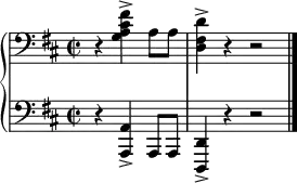 \new PianoStaff << \new Staff { \key d \major \time 2/2 \set Score.tempoHideNote = ##t \tempo 2 = 120 \clef bass r <g a cis' fis'>4-> a8 a <d fis d'>4-> r r2 \bar "|." } \new Staff { \clef bass \key d \major \relative c, { \partial 4*3 r4 <a a'>4-> a8 a <d, d'>4-> r r2 \bar "|." } } >>