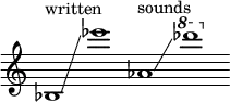      {       \new Staff \with { \remove "Time_signature_engraver" }       \clef treble \key c \major ^ \markup "written" \cadenzaOn       bes1 \glissando ees'''1       aes'1 ^ \markup "sounds" \glissando \ottava #1 des''''1     }   