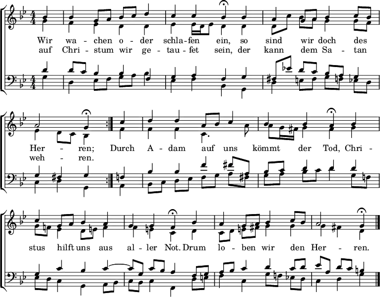 \header { tagline = " " } \layout { indent = 0 \context { \Score \remove "Bar_number_engraver" } } global = { \key g \minor \numericTimeSignature \time 4/4 \set Score.tempoHideNote = ##t \set Timing.beamExceptions = #'()} \score { \new ChoirStaff << \new Staff << \new Voice = "soprano" { \voiceOne \relative c'' { \global \repeat volta 2 { \partial 4 bes4 | bes4 g8 a bes c d4 | c c bes\fermata bes | a g8 a bes4 c8 bes | a2 g4\fermata } c | d d a8 bes c4 | bes bes a\fermata bes | c g8 a bes4 a | g g f\fermata bes | a g8 a bes4 c8 bes | a2 g4\fermata \bar "|." } } \new Voice = "alto" { \voiceTwo \relative c'' { \global \partial 4 g4 | f ees d d | ees ees16 d ees8 d4 d | d8 c' bes a g4 g8 f | ees4 d8 c bes4 f' | f f c4. a'8 | a g16 fis g4 fis g | g8 f! ees4 d8 e f4 | f e c d | c8 d e fis! g4 g | g fis d } } >> \new Lyrics \lyricsto "soprano" { << { Wir wa -- chen _ o -- _ der schla -- fen ein, so sind wir _ doch des _ Her -- ren; } \new Lyrics { \set associatedVoice = "soprano" { auf Chri -- stum _ wir _ ge -- tau -- fet sein, der kann dem _ Sa -- tan _ weh -- ren. } } >> Durch A -- dam auf _ uns kömmt der Tod, Chri -- stus hilft _ uns aus al -- ler Not. Drum lo -- ben _ wir den _ Her -- ren. } \new Staff << \clef bass \new Voice = "tenor" { \voiceOne \relative c' { \global \partial 4 d4 | d8 c bes4 bes f | g a f g | fis8 ees'!d c bes a g4 | g fis g f | bes bes f' fis8 a, | bes c d4 d d | g, c bes c ~ | c8 g c bes a4 f8 g | a bes c4 d c8 d | ees a, d c b4 } } \new Voice = "bass" { \voiceTwo \relative c' { \global \partial 4 g4 | d ees8 f g a bes4 | ees, f bes, g | d' e8 fis g f ees d | c4 d g, a | bes8 c d ees f g a fis | g a bes c d4 g,8 f! | ees d c4 g a8 bes | c bes c4 f, d'8 e | f4 c g'8 f! ees! d | c4 d g } } >> >> \layout { } } \score { \unfoldRepeats { \new ChoirStaff << \new Staff \with { midiInstrument = "choir aahs" } << \new Voice = "soprano" { \voiceOne \relative c'' { \global \repeat volta 2 { \tempo 4=72 \partial 4 bes4 | bes4 g8 a bes c d4 | c c \tempo 4=32 bes8..\fermata r32 \tempo 4=72 bes4 | a g8 a bes4 c8 bes | a2 \tempo 4=32 g8..\fermata r32 } \tempo 4=72 c4 | d d a8 bes c4 | bes bes \tempo 4=32 a8..\fermata r32 \tempo 4=72 bes4 | c g8 a bes4 a | g g \tempo 4=32 f8..\fermata r32 \tempo 4=72 bes4 | a g8 a bes4 c8 bes | a2 \tempo 4=32 g4\fermata \bar "|." r4 } } \new Voice = "alto" { \voiceTwo \relative c'' { \global \repeat volta 2 { \partial 4 g4 | f ees d d | ees ees16 d ees8 d8.. r32 d4 | d8 c' bes a g4 g8 f | ees4 d8 c bes8.. r32 } f'4 | f f c4. a'8 | a g16 fis g4 fis8.. r32 g4 | g8 f! ees4 d8 e f4 | f e c8.. r32 d4 | c8 d e fis! g4 g | g fis d r4 } } >> \new Staff \with { midiInstrument = "choir aahs" } << \clef bass \new Voice = "tenor" { \voiceOne \relative c' { \global \repeat volta 2 { \partial 4 d4 | d8 c bes4 bes f | g a f8.. r32 g4 | fis8 ees'!d c bes a g4 | g fis g8.. r32 } f4 | bes bes f' fis8 a, | bes c d4 d8.. r32 d4 | g, c bes c ~ | c8 g c bes a8.. r32 f8 g | a bes c4 d c8 d | ees a, d c b4 r4 } } \new Voice = "bass" { \voiceTwo \relative c' { \global \repeat volta 2 { \partial 4 g4 | d ees8 f g a bes4 | ees, f bes,8.. r32 g4 | d' e8 fis g f ees d | c4 d g,8.. r32 } a4 | bes8 c d ees f g a fis | g a bes c d8.. r32 g,8 f! | ees d c4 g a8 bes | c bes c4 f,8.. r32 d'8 e | f4 c g'8 f! ees! d | c4 d g r4 } } >> >> } \midi { } }