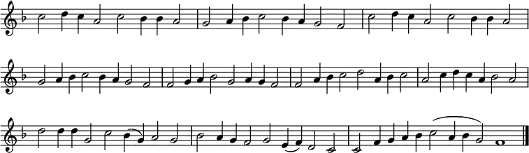{ \key f \major \set Score.tempoHideNote = ##t \tempo 2=72 \set Staff.midiInstrument = "english horn" \omit Score.TimeSignature \override Score.BarNumber #'transparent = ##t \cadenzaOn \relative c'' { \repeat unfold 2 { c2 d4 c a2 c bes4 bes a2 \bar"|" g2 a4 bes c2 bes4 a g2 f \bar"|" } f2 g4 a bes2 g a4 g f2 \bar"|" f2 a4 bes c2 d a4 bes c2 \bar"|" a2 c4 d c a bes2 a \bar"|" d2 d4 d g,2 c bes4( g) a2 g \bar"|" bes2 a4 g f2 g e4 (f) d2 c \bar"|" c2 f4 g a bes c2( a4 bes g2) f1 \bar "|."} }