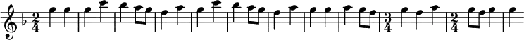 \relative { \key f \major \time 2/4 \set Score.tempoHideNote = ##t \tempo 4 = 128 {g''4 g4 | g4 c4 | bes4 a8 g8 | f4 a4 | g4 c4 | bes4 a8 g8 | f4 a4 | g4 g4 | a4 g8 f8 | \time 3/4 g4 f4 a4 | \time 2/4 g8 f8 g4 | g4} }