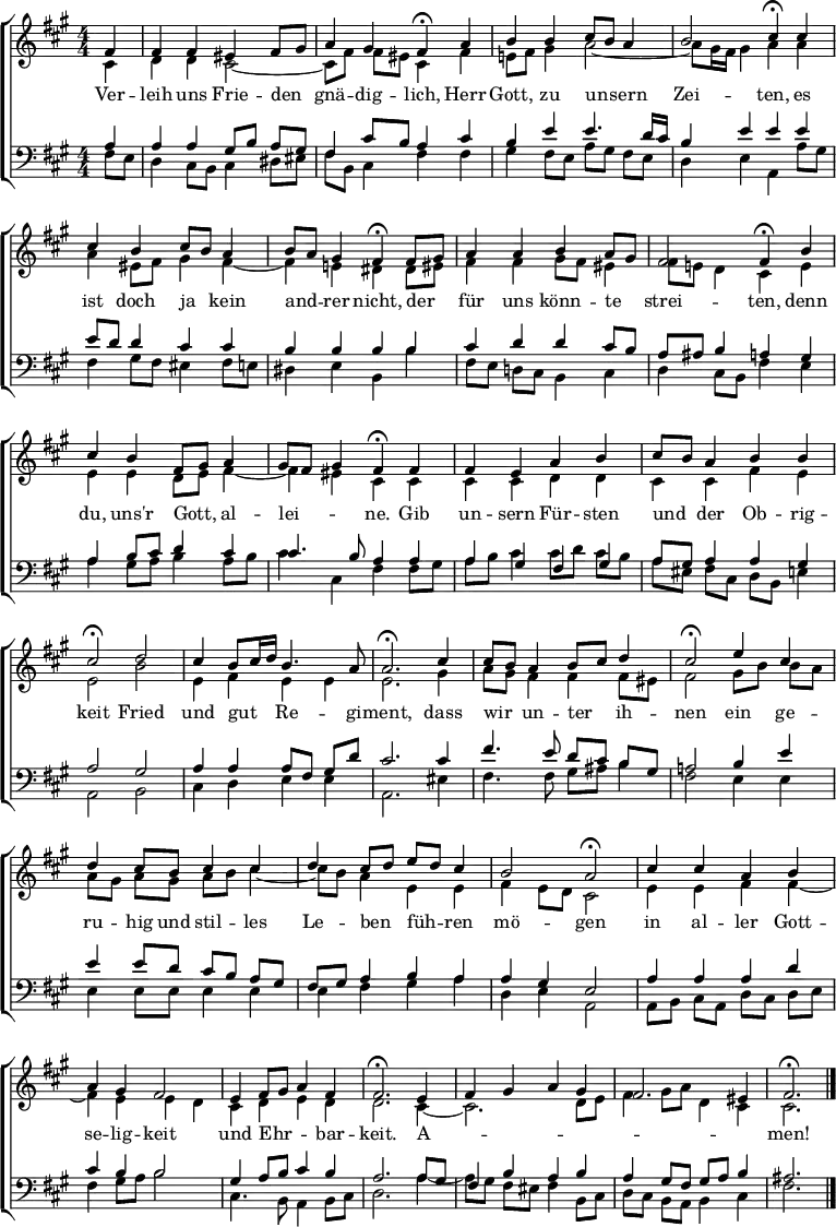 \header { tagline = " " } \layout { indent = 0 \context { \Score \remove "Bar_number_engraver" } } global = { \transposition b \key fis \minor \numericTimeSignature \time 4/4 \set Score.tempoHideNote = ##t \set Timing.beamExceptions = #'() } \score { \new ChoirStaff << \new Staff << \new Voice = "soprano" { \voiceOne \relative c' { \global \partial 4 fis4 | fis fis eis fis8 gis | a4 gis fis\fermata a | b b cis8 b a4 | b2 cis4\fermata cis | cis b cis8 b a4 | b8 a gis4 fis\fermata fis8 gis | a4 a b a8 gis | fis2 fis4\fermata b | cis b fis8 gis a4 | gis8 fis gis4 fis4\fermata fis | fis e a b | cis8 b a4 b b | cis2\fermata d | cis4 b8 cis16 d b4. a8 | a2.\fermata cis4 | cis8 b a4 b8 cis d4 | cis2\fermata e4 cis | d cis8 b cis4 cis | d cis8 d e d cis4 | b2 a2\fermata | cis4 cis a b | a gis fis2 | e4 fis8 gis a4 fis | fis2.\fermata e4 | fis gis a gis | fis2. eis4 | fis2.\fermata \bar "|." } } \new Voice = "alto" { \voiceTwo \relative c' { \global \partial 4 cis4 | d d cis2 ~ | cis8 fis fis eis cis4 fis | e!8 fis gis4 a2 ~ | a8 gis16 fis gis4 a a | a eis8 fis gis4 fis ~ | fis e! dis dis8 eis | fis4 fis gis8 fis eis4 | fis8 e! d4 cis e | e e d8 e fis4 ~ | fis eis cis cis | cis cis d d | cis cis fis e | e2 b' | e,4 fis e e | e2. gis4 | a8 gis fis4 fis fis8 eis | fis2 gis8 b b a | a gis a gis a b cis4 ~ | cis8 b a4 e e | fis e8 d cis2 | e4 e fis fis ~ | fis e e d | cis d e d | d2. cis4 ~ | cis2. d8 e | fis4 gis8 a d,4 cis | cis2. } } >> \new Lyrics \lyricsto "soprano" { Ver -- leih uns Frie -- den _ gnä -- dig -- lich, Herr Gott, zu un -- _ sern Zei -- ten, es ist doch ja _ kein and -- _ rer nicht, der _ für uns könn -- te _ strei -- ten, denn du, uns'r Gott, _ al -- lei -- _ _ ne. Gib un -- sern Für -- sten und _ der Ob -- rig -- keit Fried und gut _ _ Re -- gi -- ment, dass wir _ un -- ter _ ih -- nen ein ge -- ru -- hig und stil -- les Le -- ben _ füh -- _ ren mö -- gen in al -- ler Gott -- se -- lig -- keit und Ehr -- _ _ bar -- keit. A -- _ _ _ _ _ _ men! } \new Staff << \clef bass \new Voice = "tenor" { \voiceOne \relative c' { \global \partial 4 a4 | a a gis8 b a gis | fis4 cis'8 b a4 cis | b e e4. d16 cis | b4 e e e | e8 d d4 cis cis | b b b b | cis d d cis8 b | a ais b4 a gis | a4 b8 cis d4 cis | cis4. b8 a4 a | a gis fis gis | a8 gis a4 a gis | a2 gis | a4 a a8 fis gis d' | cis2. cis4 | fis4. e8 d cis b gis | a!2 b4 e | e e8 d cis b a gis | fis gis a4 b a | a gis e2 | a4 a a d | cis b b2 | gis4 a8 b cis4 b | a2. a8 gis | fis4 b a b | a gis8 fis gis a b4 | ais2. } } \new Voice = "bass" { \voiceTwo \relative c { \global \partial 4 fis8 e | d4 cis8 b cis4 dis8 eis | fis b, cis4 fis fis | gis fis8 e a gis fis e | d4 e a, a'8 gis | fis4 gis8 fis eis4 fis8 e | dis4 e b b' | fis8 e d! cis b4 cis | d cis8 b fis'4 e | a gis8 a b4 a8 b | cis4 cis, fis fis8 gis | a b cis4 cis8 d cis b | a eis fis cis d b e4 | a,2 b | cis4 d e e | a,2. eis'4 | fis4. fis8 gis ais b4 | fis2 e4 e | e e8 e e4 e | e fis gis a | d, e a,2 | a8 b cis a d cis d e | fis4 gis8 a b2 | cis,4. b8 a4 b8 cis | d2. a'4 ~ | a8 gis fis eis fis4 b,8 cis | d cis b a b4 cis | fis2. } } >> >> \layout { } } \score { \new ChoirStaff << \new Staff \with { midiInstrument = "choir aahs" } << \new Voice = "soprano" { \voiceOne \relative c' { \global \tempo 4=68 \partial 4 fis4 | fis fis eis fis8 gis | \tempo 4=60 a4 \tempo 4=52 gis \tempo 4=34 fis8. r16 \tempo 4=68 a4 | b b cis8 b a4 | \tempo 4=60 b2 \tempo 4=34 cis8. r16 \tempo 4=68 cis4 | cis b cis8 b a4 | \tempo 4=60 b8 a \tempo 4=52 gis4 \tempo 4=34 fis8. r16 \tempo 4=68 fis8 gis | a4 a b a8 gis | \tempo 4=60 fis2 \tempo 4=34 fis8. r16 \tempo 4=68 b4 | cis b fis8 gis a4 | \tempo 4=60 gis8 fis \tempo 4=52 gis4 \tempo 4=34 fis8. r16 \tempo 4=68 fis4 | fis e a b | cis8 b a4 \tempo 4=60 b \tempo 4=52 b | cis4. r8 \tempo 4=68 d2 | cis4 b8 cis16 d \tempo 4=60 b4. a8 | a2 r4 \tempo 4=68 cis4 | cis8 b a4 \tempo 4=60 b8 cis \tempo 4=52 d4 | cis4. r8 \tempo 4=68 e4 cis | d cis8 b cis4 cis | d cis8 d e d cis4 | \tempo 4=60 b2 \tempo 4=52 a4. r8 | \tempo 4=68 cis4 cis a b | \tempo 4=60 a \tempo 4=52 gis fis4. r8 | \tempo 4=68 e4 fis8 gis \tempo 4=60 a4 \tempo 4=52 fis | fis2 r4 \tempo 4=68 e4 | fis gis a gis | \tempo 4=60 fis2. \tempo 4=36 eis4 | fis2. r } } \new Voice = "alto" { \voiceTwo \relative c' { \global \partial 4 cis4 | d d cis2 ~ | cis8 fis fis eis cis8. r16 fis4 | e!8 fis gis4 a2 ~ | a8 gis16 fis \tempo 4=52 gis4 a8. r16 a4 | a eis8 fis gis4 fis ~ | fis e! dis8. r16 dis8 eis | fis4 fis gis8 fis eis4 | fis8 e! \tempo 4=52 d4 cis8. r16 e4 | e e d8 e fis4 ~ | fis eis cis8. r16 cis4 | cis cis d d | cis cis fis e | e4. r8 b'2 | e,4 fis e \tempo 4=52 e | e2 r4 gis4 | a8 gis fis4 fis fis8 eis | fis4. r8 gis8 b b a | a gis a gis a b cis4 ~ | cis8 b a4 e e | fis \tempo 4=52 e8 d cis4. r8 | e4 e fis fis ~ | fis e e d8. r16 | cis4 d e d | d2 r4 cis4 ~ | cis2. d8 e | fis4 \tempo 4=52 gis8 a \tempo 4=44 d,4 cis | cis2. r } } >> \new Staff \with { midiInstrument = "choir aahs" } << \clef bass \new Voice = "tenor" { \voiceOne \relative c' { \global \partial 4 a4 | a a gis8 b a gis | fis4 cis'8 b a8. r16 cis4 | b e e4. d16 cis | b4 e e8. r16 e4 | e8 d d4 cis cis | b b b8. r16 b4 | cis d d cis8 b | a ais b4 a8. r16 gis4 | a4 b8 cis d4 cis | cis4. b8 a8. r16 a4 | a gis fis gis | a8 gis a4 a gis | a4. r8 gis2 | a4 a a8 fis gis d' | cis2 r4 cis4 | fis4. e8 d cis b gis | a!4. r8 b4 e | e e8 d cis b a gis | fis gis a4 b a | a gis e4. r8 | a4 a a d | cis b b4. r8 | gis4 a8 b cis4 b | a2 r4 a8 gis | fis4 b a b | a gis8 fis gis a b4 | ais2. r } } \new Voice = "bass" { \voiceTwo \relative c { \global \partial 4 fis8 e | d4 cis8 b cis4 dis8 eis | fis b, cis4 fis8. r16 fis4 | gis fis8 e a gis fis e | d4 e a,8. r16 a'8 gis | fis4 gis8 fis eis4 fis8 e | dis4 e b8. r16 b'4 | fis8 e d! cis b4 cis | d cis8 b fis'8. r16 e4 | a gis8 a b4 a8 b | cis4 cis, fis8. r16 fis8 gis | a b cis4 cis8 d cis b | a eis fis cis d b e4 | a,4. r8 b2 | cis4 d e e | a,2 r4 eis'4 | fis4. fis8 gis ais b4 | fis4. r8 e4 e | e e8 e e4 e | e fis gis a | d, e a,4. r8 | a8 b cis a d cis d e | fis4 gis8 a b4. r8 | cis,4. b8 a4 b8 cis | d2 r4 a'4 ~ | a8 gis fis eis fis4 b,8 cis | d cis b a b4 cis | fis2. r } } >> >> \midi { } }