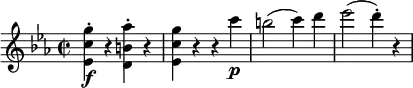  \relative g'' {   \key c \minor \time 2/2   <g c, es,>4-. \f r <as b, d,>-. r   <g c, es,>4 r r c \p   b2( c4) d   es2( d4-.) r } 
