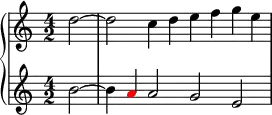 \new PianoStaff << \new Staff << \relative c'' { \clef treble \key c \major \time 4/2 \partial2 d2~ d c4 d e f g e } >> \new Staff << \relative c'' { \clef treble \key c \major \time 4/2 \partial2 b2~ b4 \once \override NoteHead.color = #red a a2 g e } >> >>